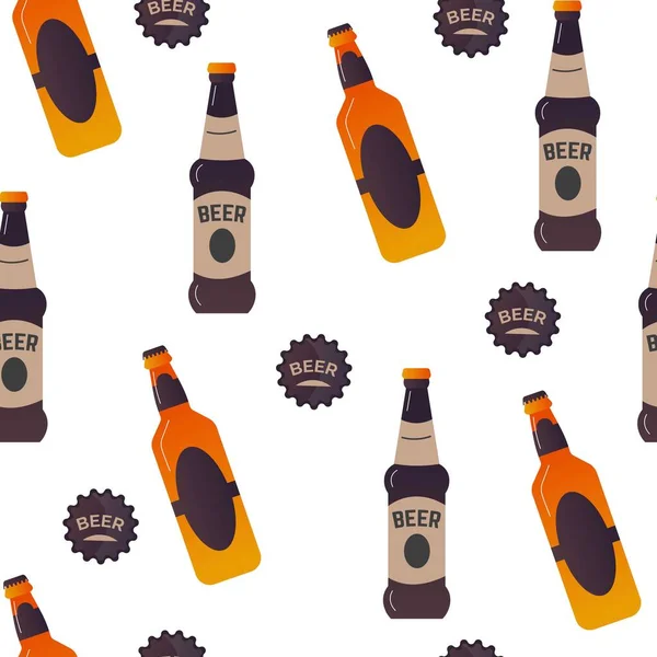 Пляшкові Алкогольні Напої Безшовний Візерунок Пивні Пляшки Емблемами Кепками Буксирують — стоковий вектор