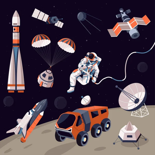 Verzameling Van Apparatuur Machines Voor Astronomie Experimenten Kosmos Exploratie Astronaut — Stockvector