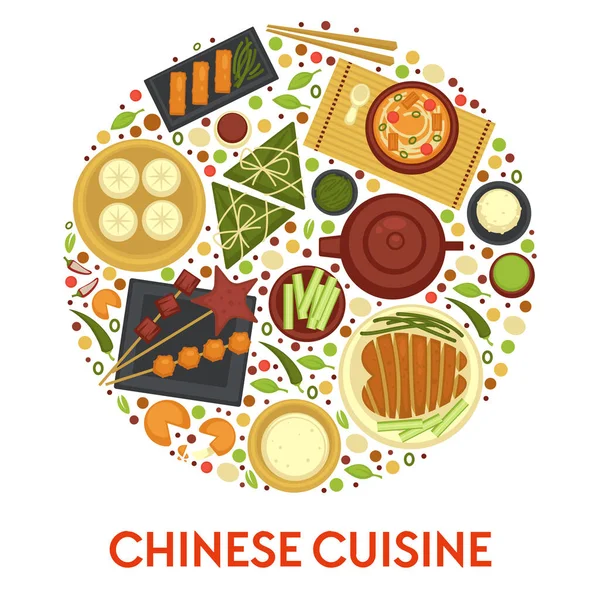 Chinese Cuisine Banner Asian Culinary Traditions Dishes Plates Meat Vegetables — Stock Vector