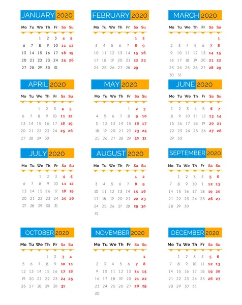 Календар 2020 Рік Детальною Інформацією Кожен День Тижня Організатор Робочих — стоковий вектор