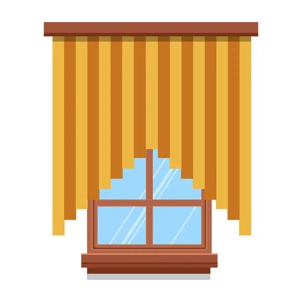 Window Transparent Glass Wooden Frame Isolated Icon Drapes Curtains Interior — Stock Vector