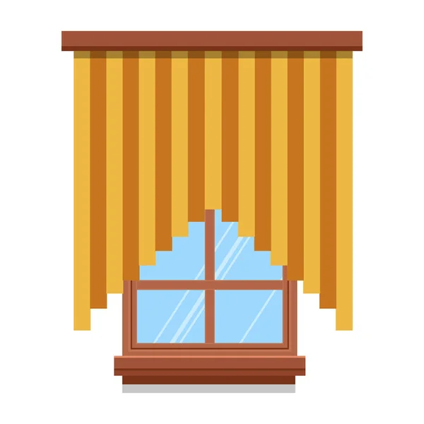 Ventana Con Cristal Transparente Marco Madera Icono Aislado Cortinas Cortinas — Vector de stock