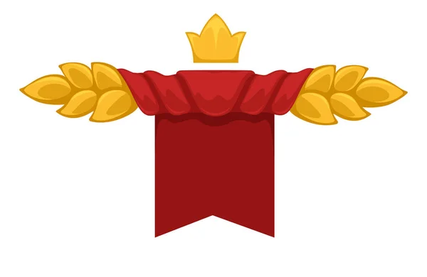 以红色帷幕为形式的空白横幅 带有叶子或小穗的孤立标签 复制空间顶部的金王冠 王权和君主制的皇家标志 老式的公告磁带 平面矢量 — 图库矢量图片