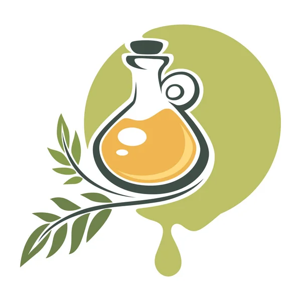 余分なバージンオリーブオイルは ガラス瓶に注ぎ 葉を持つ枝 有機植物や製品と隔離されたエンブレムやバナー 食事や食事のための成分 ビーガン栄養 フラットスタイルのベクトル — ストックベクタ