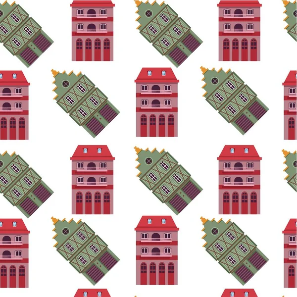 Old Houses Buildings Old Fashioned Style Construction Living Seamless Pattern — Stock Vector