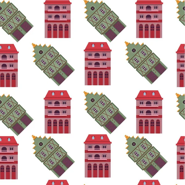 Old houses and buildings of old fashioned style, construction for living seamless pattern. Comfortable homes and property of residents of city, mansion exterior, facade of dwelling, vector in flat