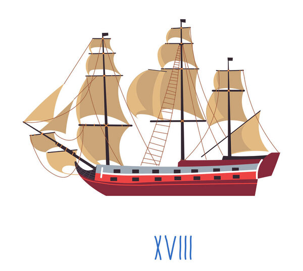 Wooden ship with sails, isolated wood boat with date of construction. Evolution and development of naval building, floating transport. Vessel for shipping or transporting passengers, vector in flat