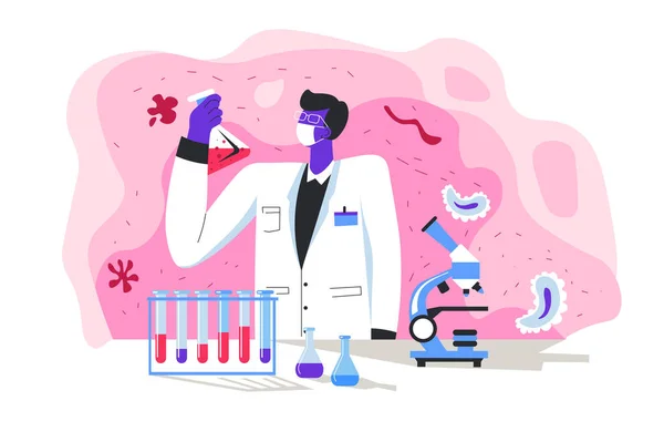 研究室で細菌やウイルスを分析する科学者 ワクチン 生化学または生物学的研究を見つけることに取り組む研究者 専門家や検査管と病院や診療所の研究室 ベクトル — ストックベクタ