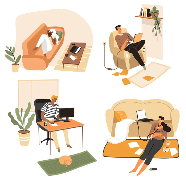People Home Using Laptops Computers Work Relaxation Set Characters Living — Stock Vector