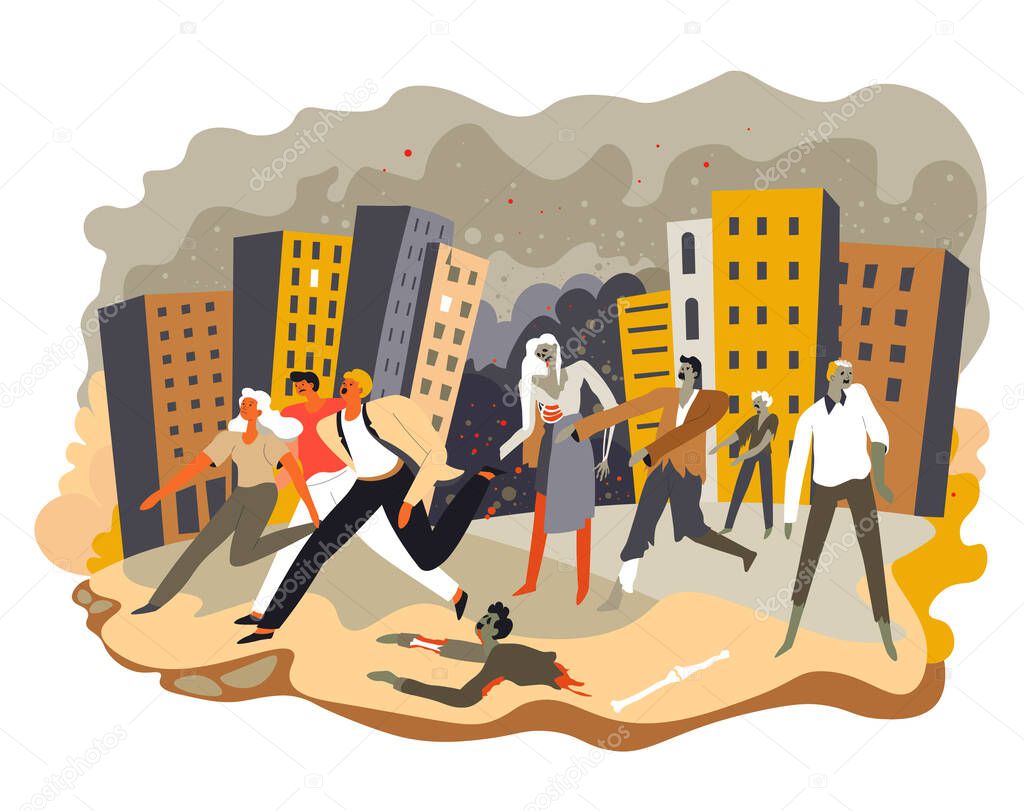 Zombie apocalypse, infected people chasing healthy characters. End of world, calamities and destruction. Devastation and armageddon with dramatic turns. Cityscape with empty town, vector in flat