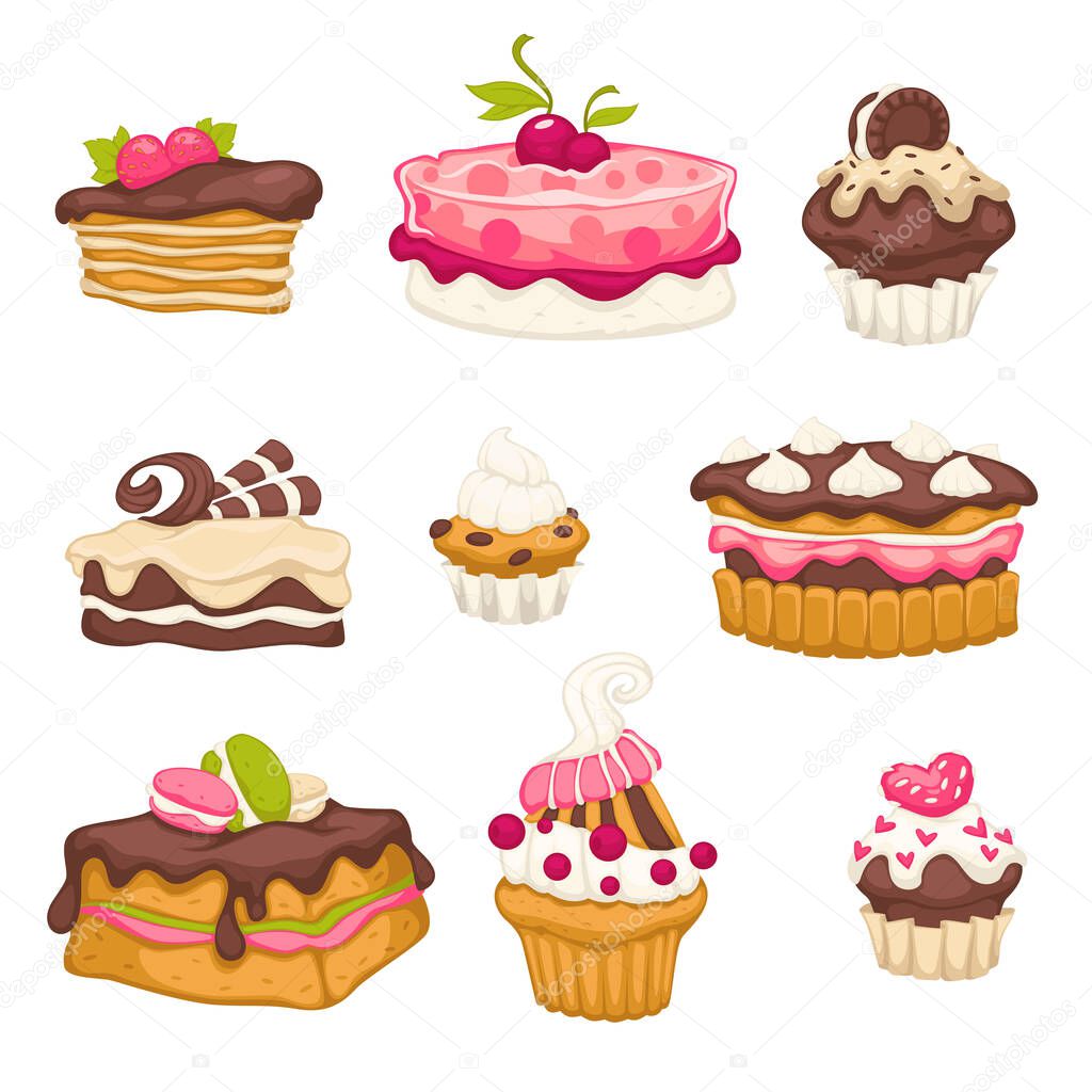 Collection of desserts made of chocolate, frosting and biscuit. Isolated set of baked food, goods with mouse. Bakery shop assortment, confectionery and pastry with cherry berry on top, vector