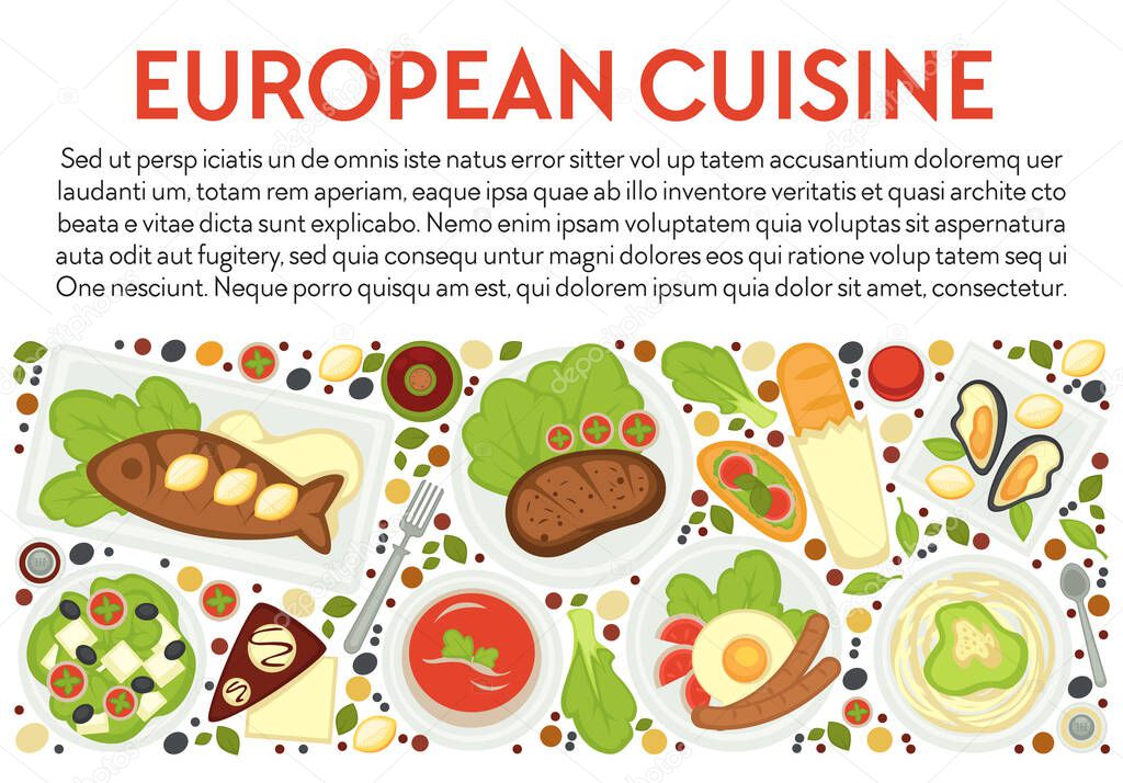 European cuisine banner with text sample. Set of traditional dishes of Europe, salads and meat on plate. Sandwiches and fried fish, egg with sausages, oysters and veggies, vector in flat style