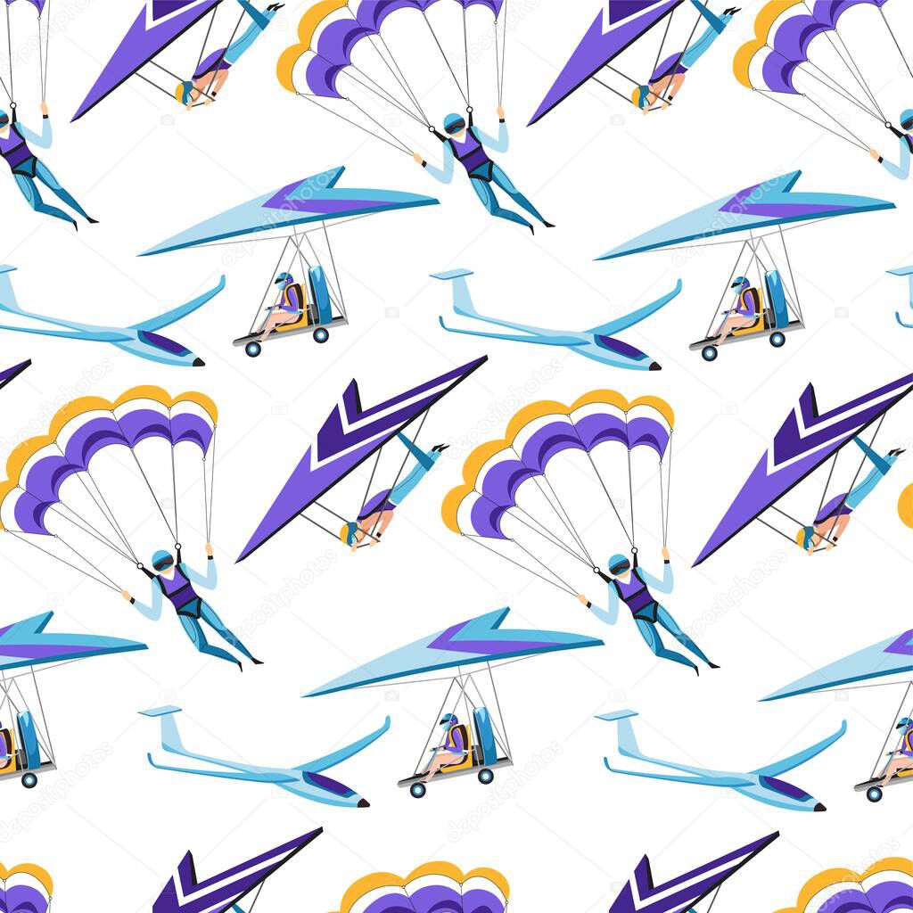 Parachuting and hang gliding seamless pattern. Extreme sports, hobbies and leisures, activities set. Parachute and glider, deltaplan or aircraft riding. Skydiving lessons vector in flat sty