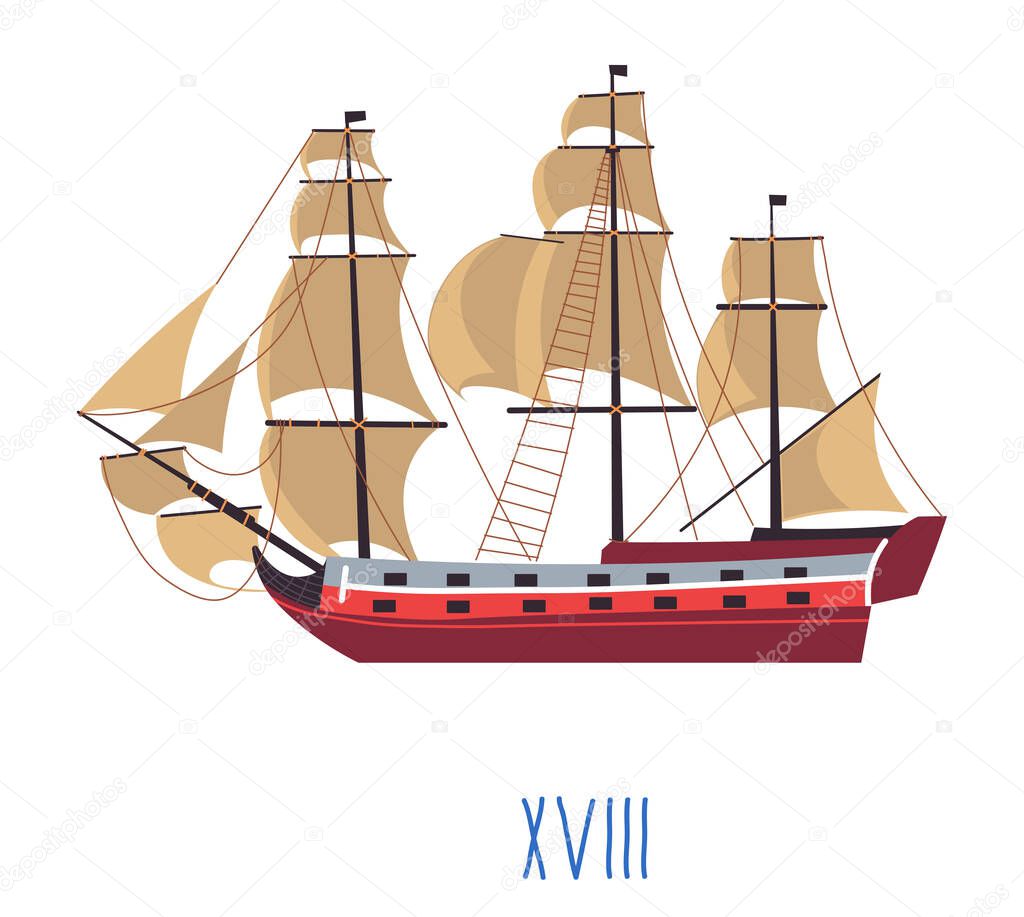 Wooden ship with sails, isolated wood boat with date of construction. Evolution and development of naval building, floating transport. Vessel for shipping or transporting passengers, vector in flat