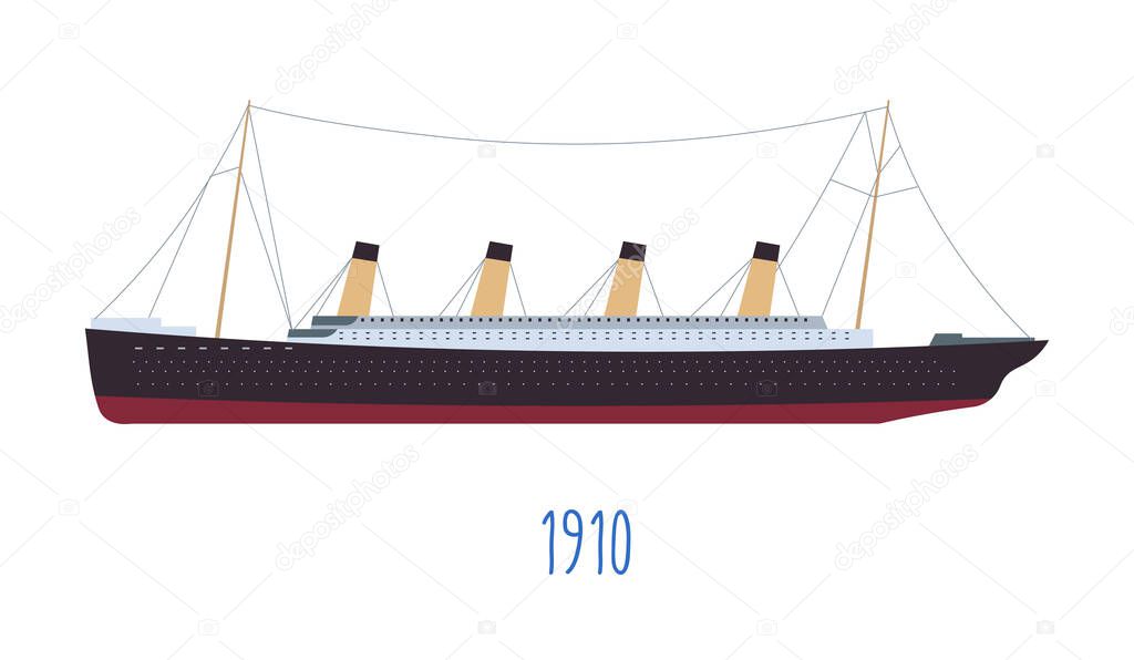 Boat with tubes, steam ship inspired by titanic construction. 1910 date and isolated icon of vessel for passengers transportation. Luxurious cruise for clients, shipment of goods, vector in flat