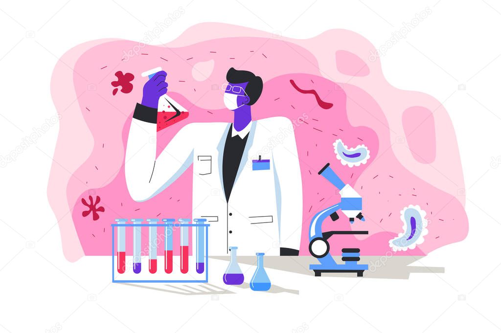 Scientist analyzing bacteria or virus in laboratory. Researcher working on finding vaccine, biochemistry or biological studies. Hospital or clinics lab with professional and test tubes, vector