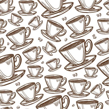 Çay ya da kahve bardağa dökülmüş, dikişsiz sıcak içecek deseni. Lokantada ya da kafede içmek, tabakla bardak, espresso ya da aromatik kapuçino servis etmek. Tek renkli çizim taslağı, düz biçimli vektör