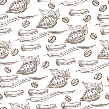 Kakao ya da yapraklı kahve çekirdekleri, tarçın çubuğu dikişsiz desen. Tatlılar ve yemekler için çiğ organik malzemeler. Aromatik tatlar, menü arka planı. Tek renkli çizim taslağı, düz biçimli vektör