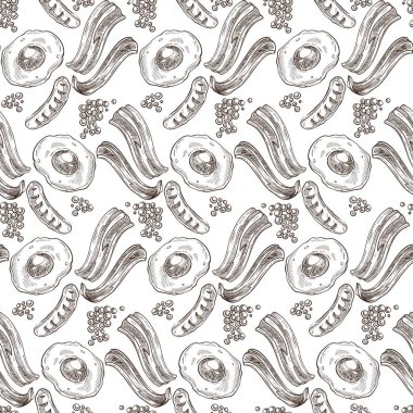 Kızarmış yumurta ve domuz pastırması, ızgara sosis. Kahvaltı ya da akşam yemeği, yemek, lokanta ya da restoranda öğle yemeği. Menü tarifi geçmişi. Tek renkli çizim taslağı, düz biçimli vektör