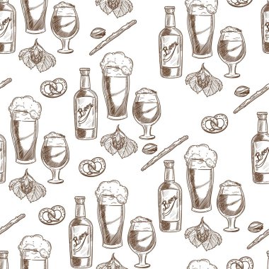 Alkolik içki ve aperatifler kusursuz. Bira şişesi ve cam, kraker ve tuzlu çubuklar. Köpüklü ve köpüklü alkol içeceği. Bira fabrikası ya da bar. Tek renkli çizim taslağı, düz biçimli vektör