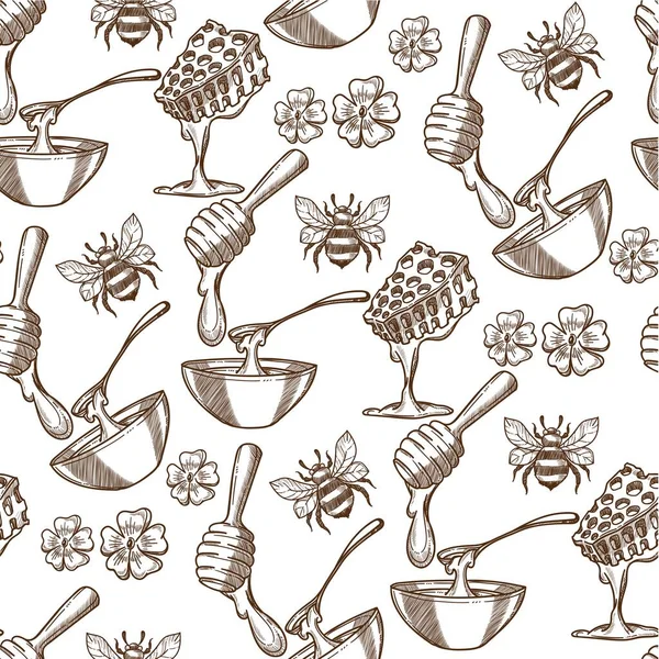 Літаючі Бджоли Дикі Квіти Вулики Безшовний Візерунок Нектар Медом Органічним — стоковий вектор