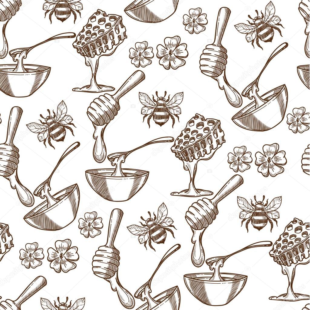 Flying bees wildflowers and beehives seamless pattern. Nectar with honey, organic natural product in plate. Apiculture and beekeeping business. Monochrome sketch outline, vector in flat style