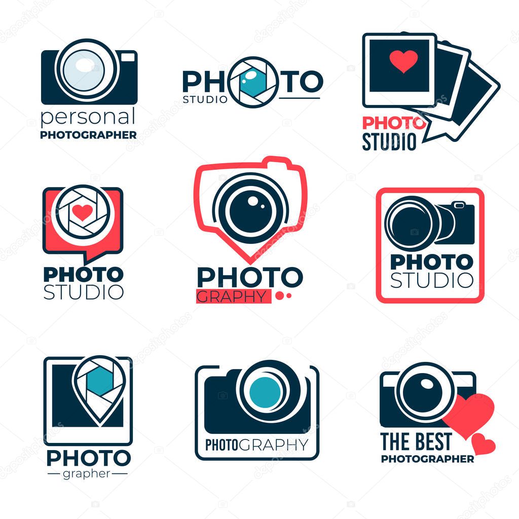 Photographers service or photo shoot studio, set of labels of logotypes with cameras. Symbols for professional photographing session. Devices and inscriptions, objectives vector in flat style