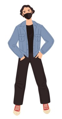 Maske takan erkek karakter, solunum hastalığı riski var. Coronavirus salgını salgını. Karantina ve tecrit için önleyici önlemler. Düz stil erkek vektörü