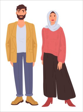 Arap ülkesinin kadın ve erkekleri, basit kıyafetler giyen erkek karakterler. Erkek arkadaş ve kız arkadaş, Müslüman çift. Başı ve saçlarını örten elbise ve başörtüsü takan kadın. Düz biçimli vektör