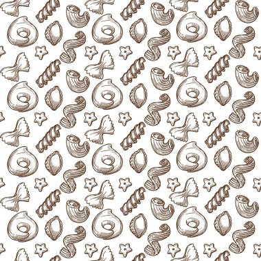 İtalyan makarnası kusursuz desen. Stelline veya fusilli tipi organik üretim. Ürünün bükülmüş şekli. Vejetaryenler için glütensiz menü, beslenme. Tek renkli çizim taslağı, düz çizimde vektör