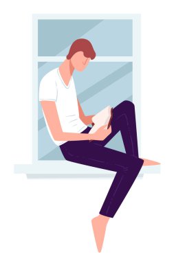 Erkek karakter kitabı okumak, hafta sonları faaliyet. Üniversite ya da üniversite için hazırlanan çocuk, karantina ve kendini izole etme süresince hobi. Öğrencilerin rahatlığı ve eğlencesi. Düz biçimli vektör