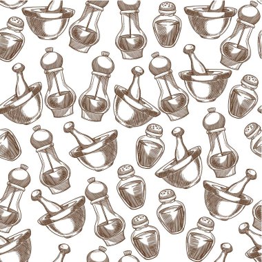 Yemek pişirmek için baharatlar, tuzluk ve biberliğin kusursuz deseni. Tarifler için malzeme. Beslenme ve diyet. Kuyu, tek renkli çizim taslağı, düz biçimli vektör.