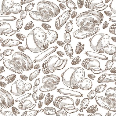 Et bazlı ürünler, kusursuz sosis, jambon ve salam deseni. Yemek pişirmek için gurme malzemeleri, şarküteri ya da aperatifler için lezzet. Tek renkli çizim taslağı, düz biçimli vektör