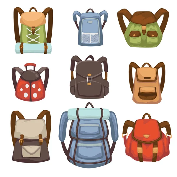 Backpacks School Casual Outfit Traveling Bag Isolated Icons Set Backpack — Stock Vector