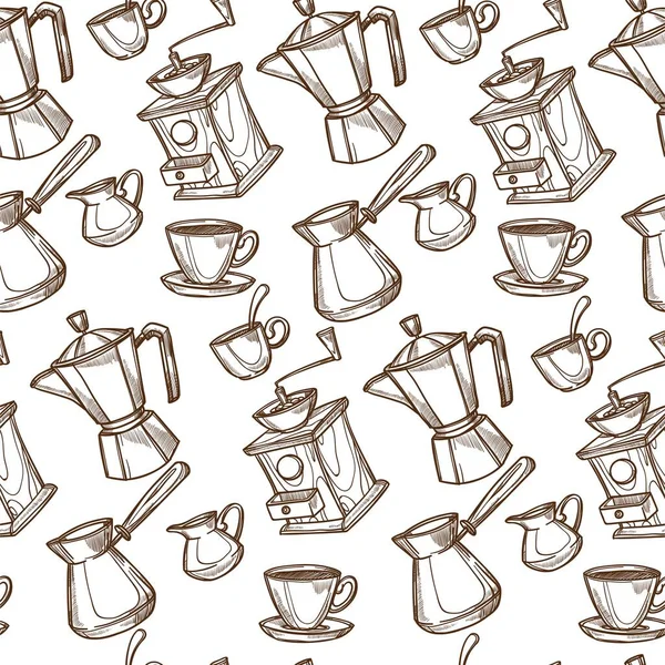Cezve Produkcji Kawy Maszyny Szlifierki Fasoli Bezszwowy Wzór Aromatyczny Napój — Wektor stockowy