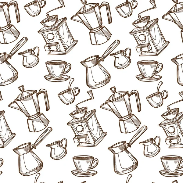 Cezve for making coffee, machine and grinder for beans seamless pattern. Aromatic beverage poured in cup. Coffeemaker and mug with hot drink. Monochrome sketch outline, vector in flat style