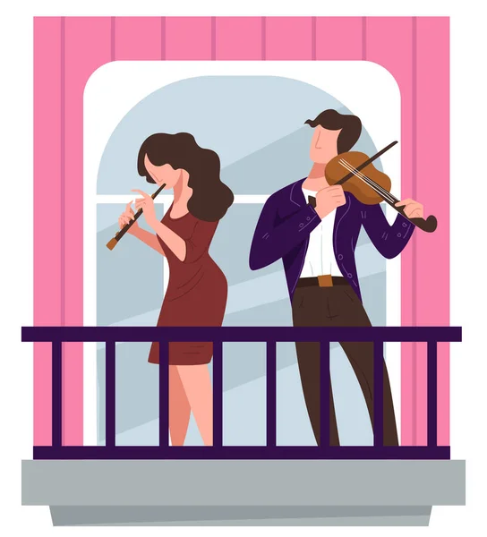 Pessoas Tocando Violinos Varanda Homem Mulher Dando Desempenho Casa Duo — Vetor de Stock