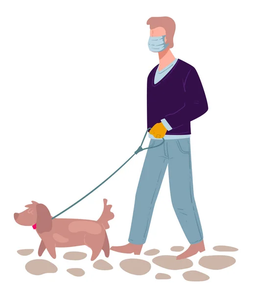 在考拉病毒爆发期间 雄性角色用皮带牵着走狗 戴着防护面具的男人带着宠物走在大街上 人们在户外与犬类动物 扁平式检疫病媒 — 图库矢量图片