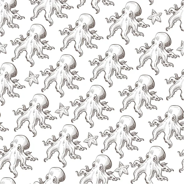 Aquatic Animals Starfish Octopus Tentacles Seamless Pattern Squid Seastar Sea — Stock Vector