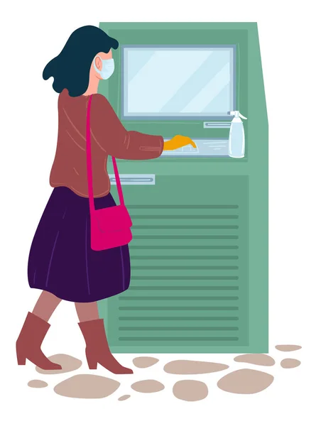 Női Karakter Arcmaszkot Visel Atm Mel Lány Pénzt Vesz Bankból — Stock Vector