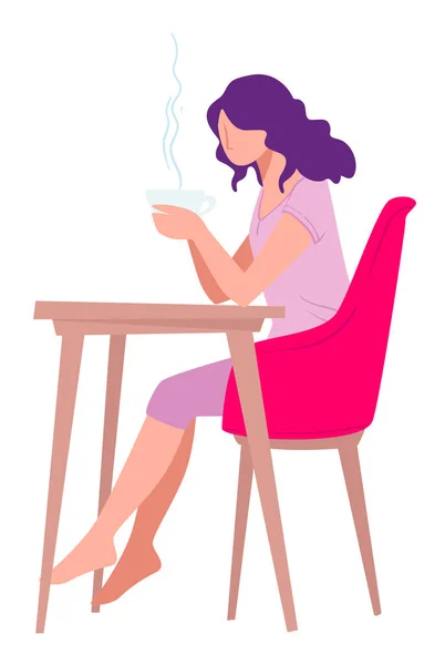 Γυναίκα Χαρακτήρας Πίνοντας Καφέ Κάθεται Δίπλα Στο Τραπέζι Στο Σπίτι — Διανυσματικό Αρχείο
