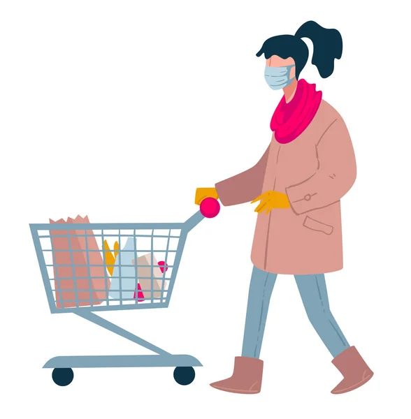 スーパーマーケットの食料品部門でショッピングトロリーと女性の文字 コロナウイルスは 人々が食品や必要な項目を購入発生します 保護顔のマスクをした少女 平型ベクトル — ストックベクタ