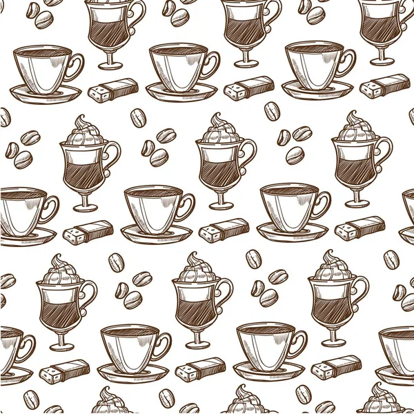 Cappuccino Bebidas Calientes Café Servidas Tazas Vasos Patrón Sin Costuras — Vector de stock