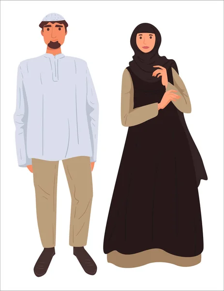 Pareja Islámica Ropa Tradicional Personajes Árabes Masculinos Femeninos Marido Esposa — Vector de stock