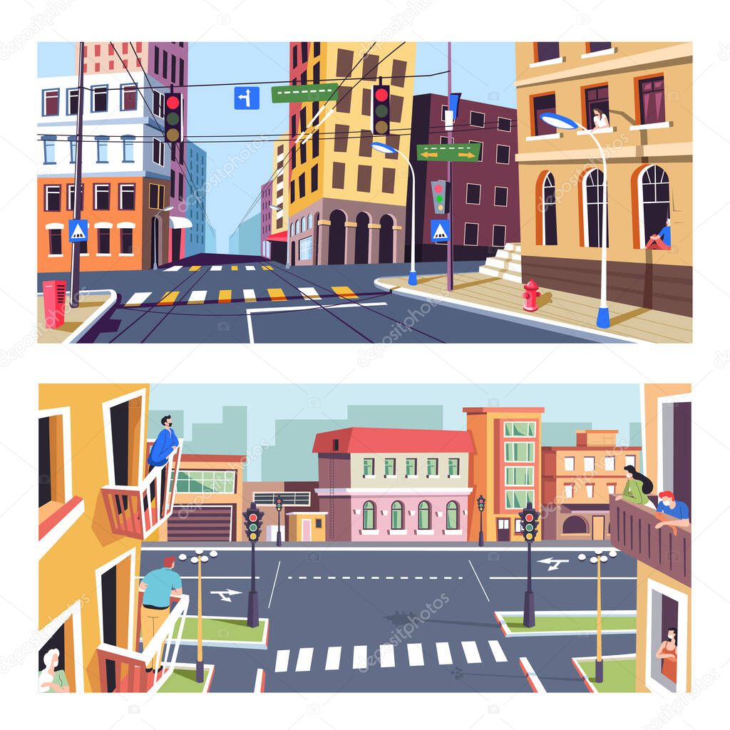 Empty streets of cities and towns on quarantine. Ghosttown coronavirus lockdown, preventive measures. Read and traffic lights, buildings and crossroads. Cityscape and skyline vector in flat style