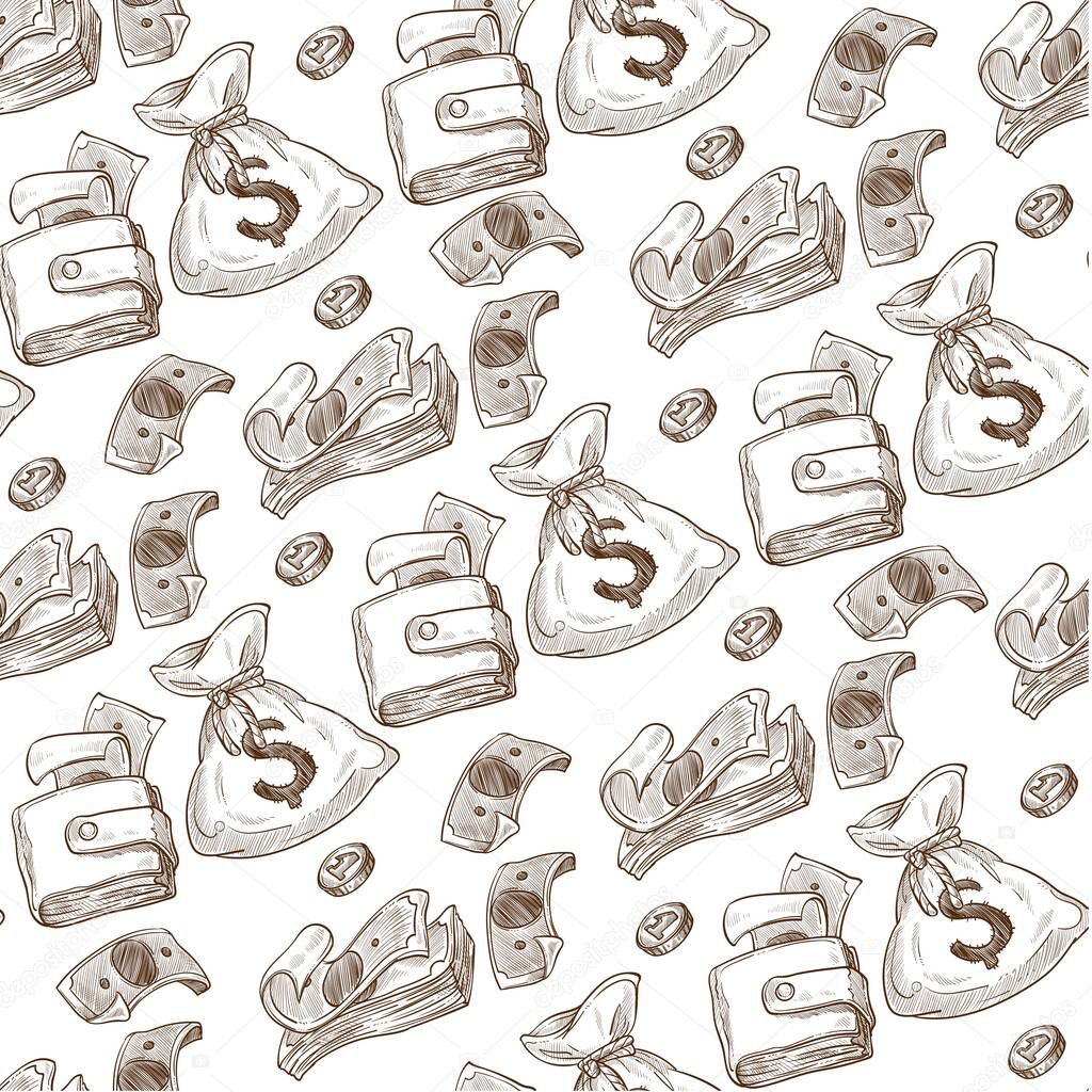 Wallets and purses with money, bags filled with cash coins and banknotes seamless pattern. Investment or savings, finance and banking. Precious metal. Monochrome sketch outline, vector in flat style