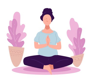 Yoga antrenmanındaki kadın karakter, evde meditasyon yapan kadın. Ev bitkilerinin arasında oturan kişi. Fitness ve sağlıklı yaşam tarzı, koronavirüs karantinasında formda kalmak. Düz biçimli vektör