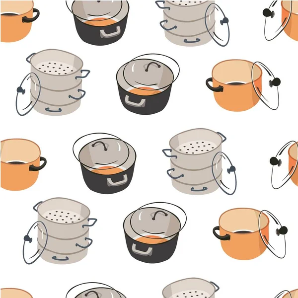 Kitchenware Saucepans Preparing Food Seamless Pattern Empty Containers Caps Lids — Stock Vector