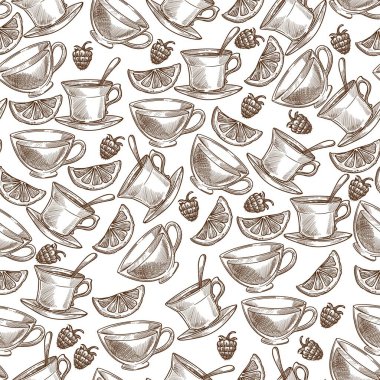 Çay, ahududu ve limon dilimlerinin doğal bileşenleri. Organik böğürtlen ve narenciyle sıcak içecek, sağlıklı beslenme ve diyet. Tek renkli çizim taslağı, düz biçimli vektör