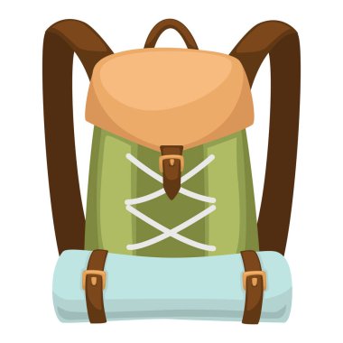 Seyahat için sırt çantası, kamp tatili, seyahat için bavullar. Paspaslı bavullar, yolculuk ekipmanları, ayarlı kayışlı taşınabilir sırt çantası, cep ve deri malzeme, düz stil vektör